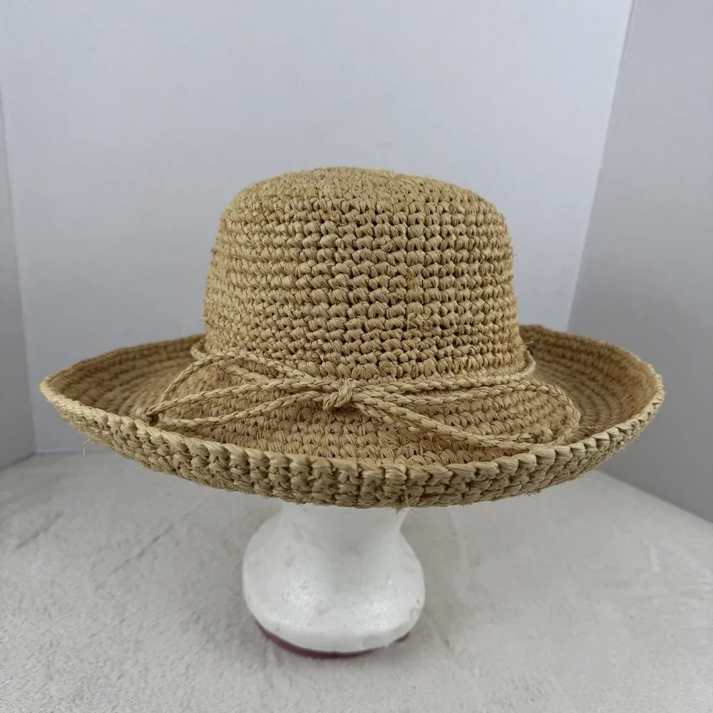 Scala Crocheted Twisted Raffia Straw Boater Hat with Drawstring One Size Natural